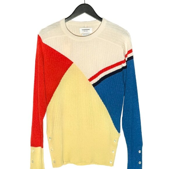 Thom Browne Multicolour Yellow Red Blue Ribbed Cashmere Sweater - Picture 1 of 10